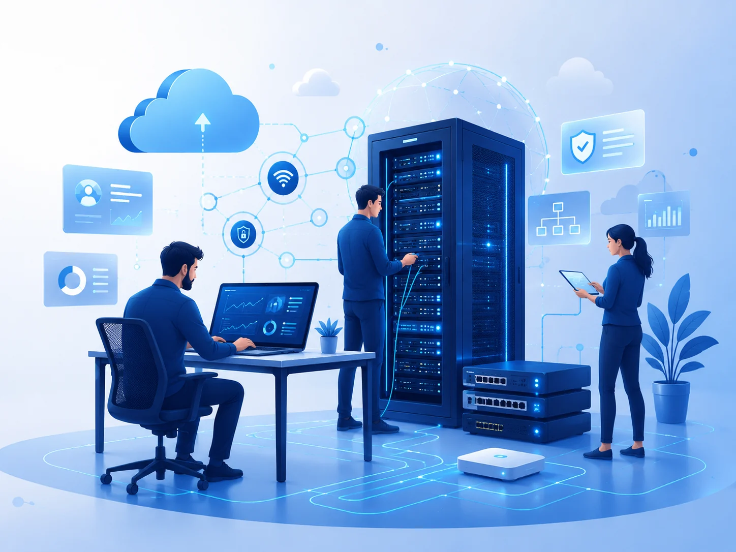Modern IT infrastructure, cloud, network and security illustration